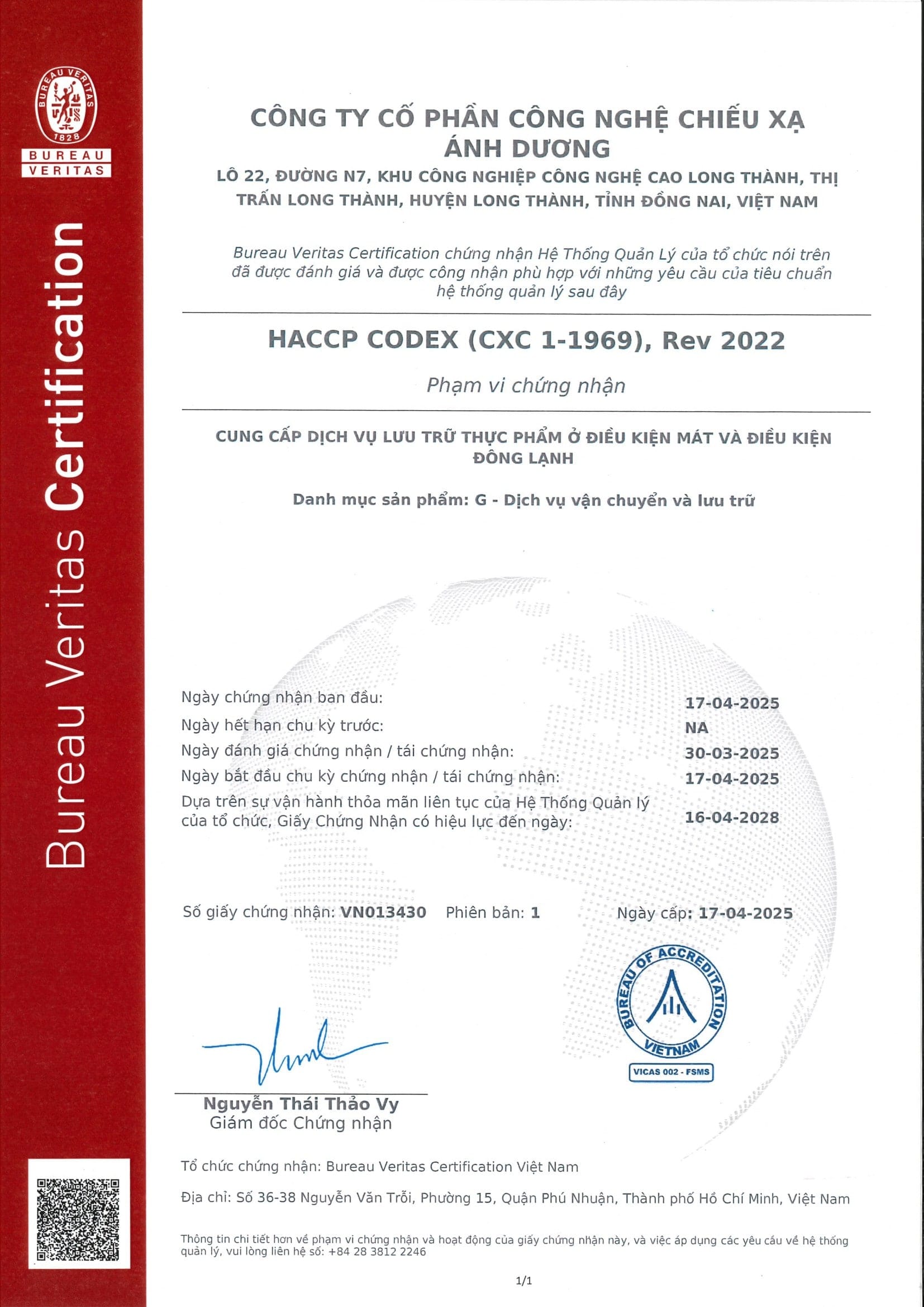 Ánh Dương đạt chuẩn HACCP về cho thuê kho lạnh Đồng Nai