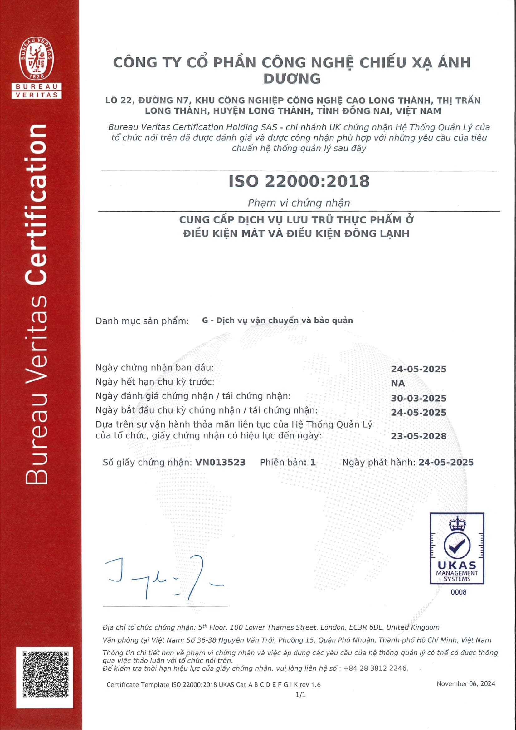 Ánh Dương đạt chuẩn ISO 220000 về cho thuê kho lạnh Đồng Nai