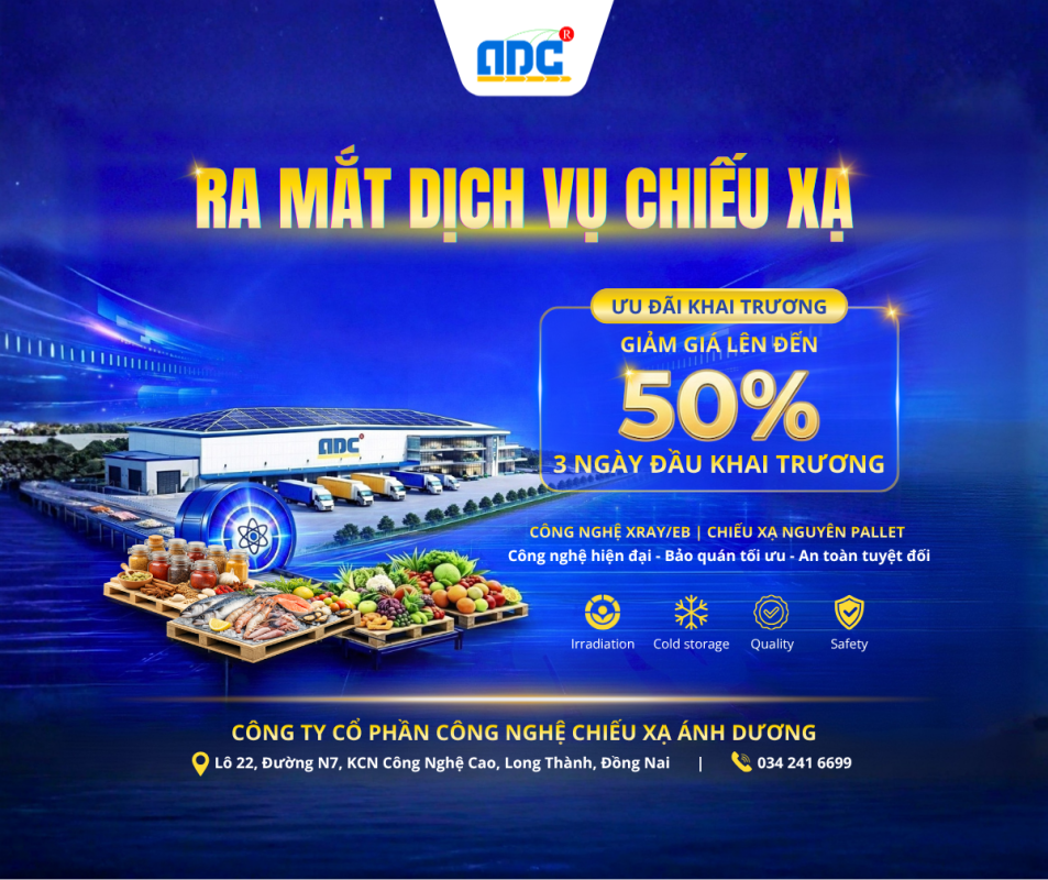 Poster ra mắt dịch vụ chiếu xạ EB X-RAY Ánh Dương, công nghệ chiếu xạ hiện đại 100kW, xử lý nguyên pallet, tích hợp kho lạnh, ưu đãi giảm 50% trong 3 ngày đầu khai trương
